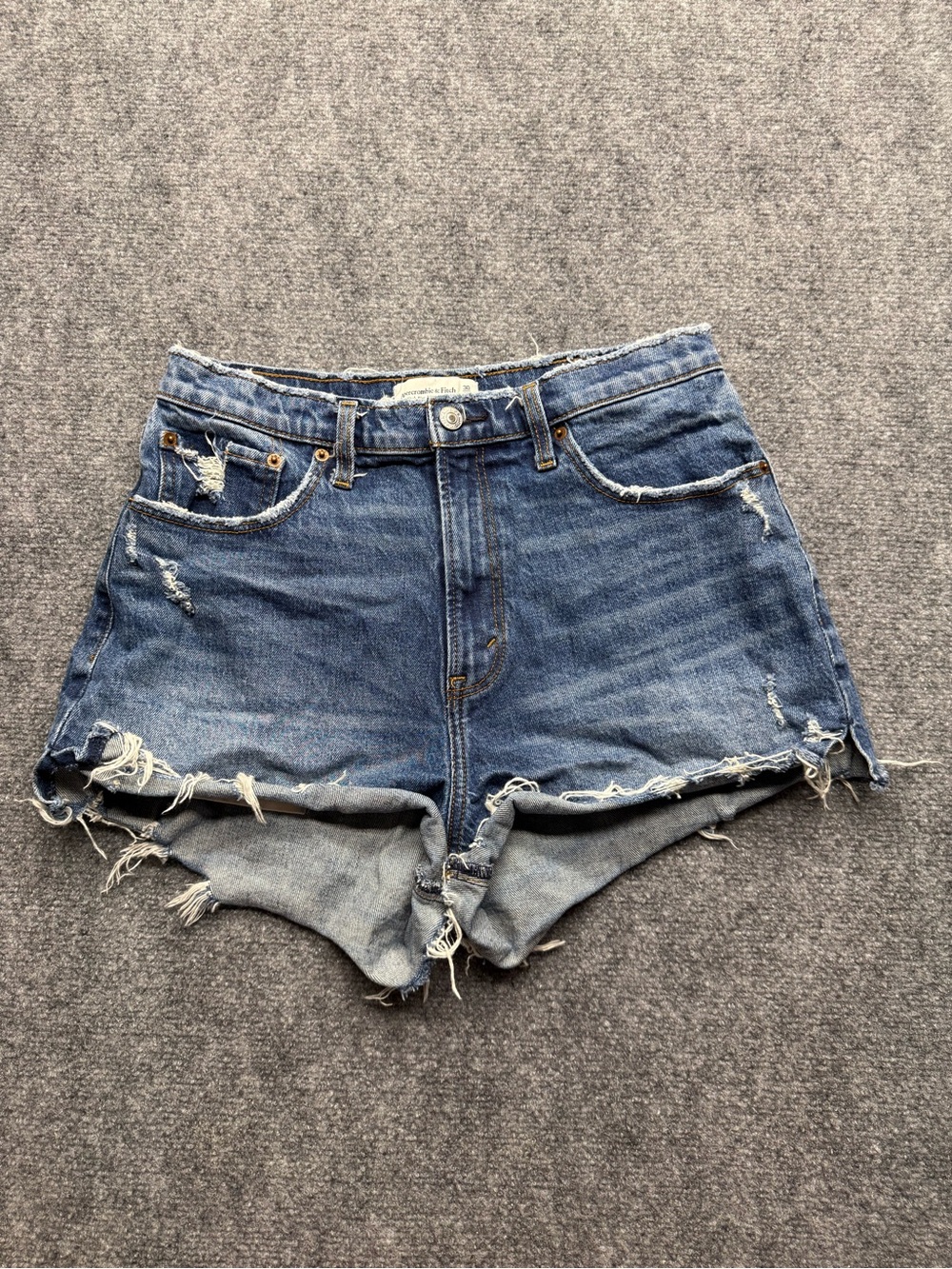 Abercrombie & Fitch Woman’s 10 High-Rise Distressed Denim Mom Shorts Blue